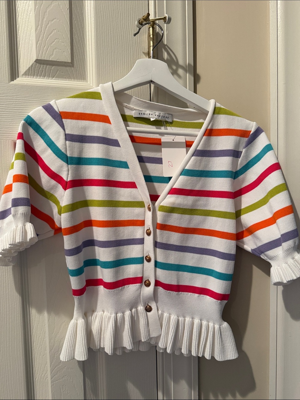 English Factory White Striped Ruffle-Knit Cardigan with Multicolor Stripes